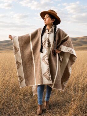 100% Andean Wool Hooded Poncho | Taupe Ivory Handwoven Unisex Pullover Coat